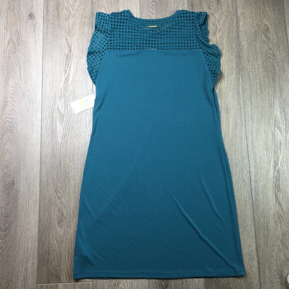 NWT Michael Kors Eyelet Mesh Top Flutter Mini Sheath Dress Dark Cyan Medium - Picture 2 of 7
